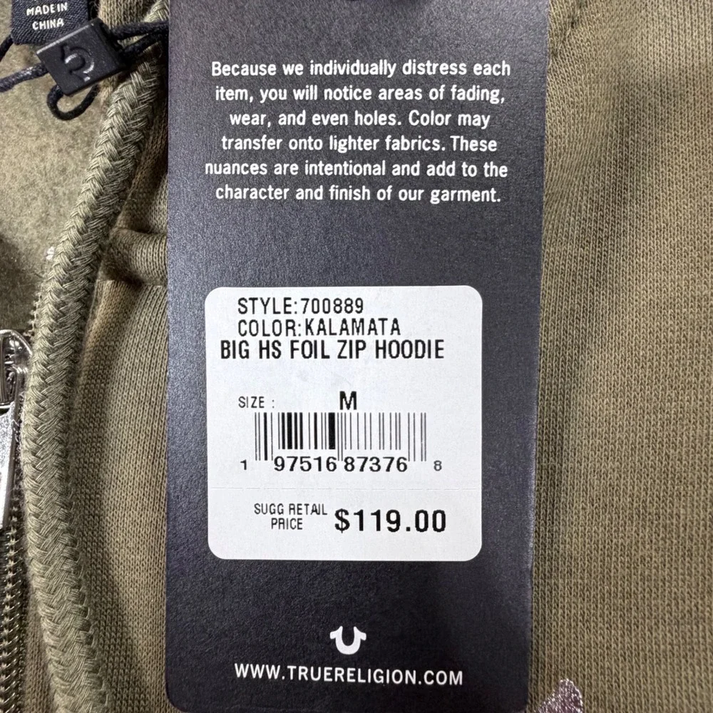 True Religion Big HS Foil Zip Hoodie Mens M Kalamata Olive Green Loungewear